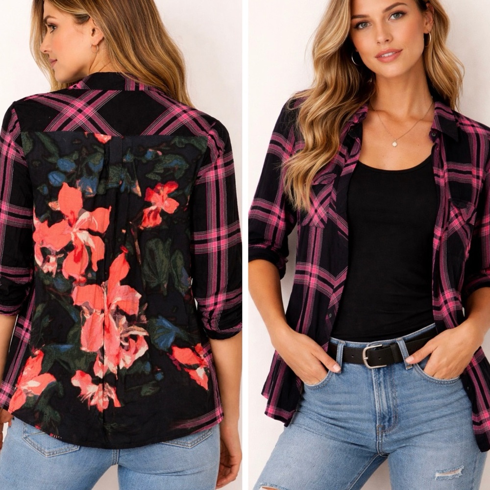 GUESS Mixed Print Shirt 🔥 Plaid Front Floral Back | Statement Piece | Size L